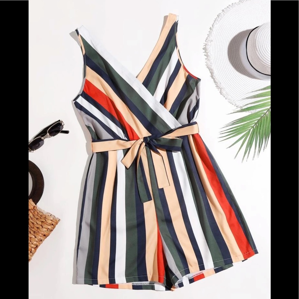 SHEIN Plus Striped Self Tie Tank Romper 4XL